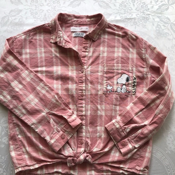 Zara Peanuts Charlie Brown Girls Size 9 Pink/White Plaid Button-Up Shirt Classic - Picture 14 of 16